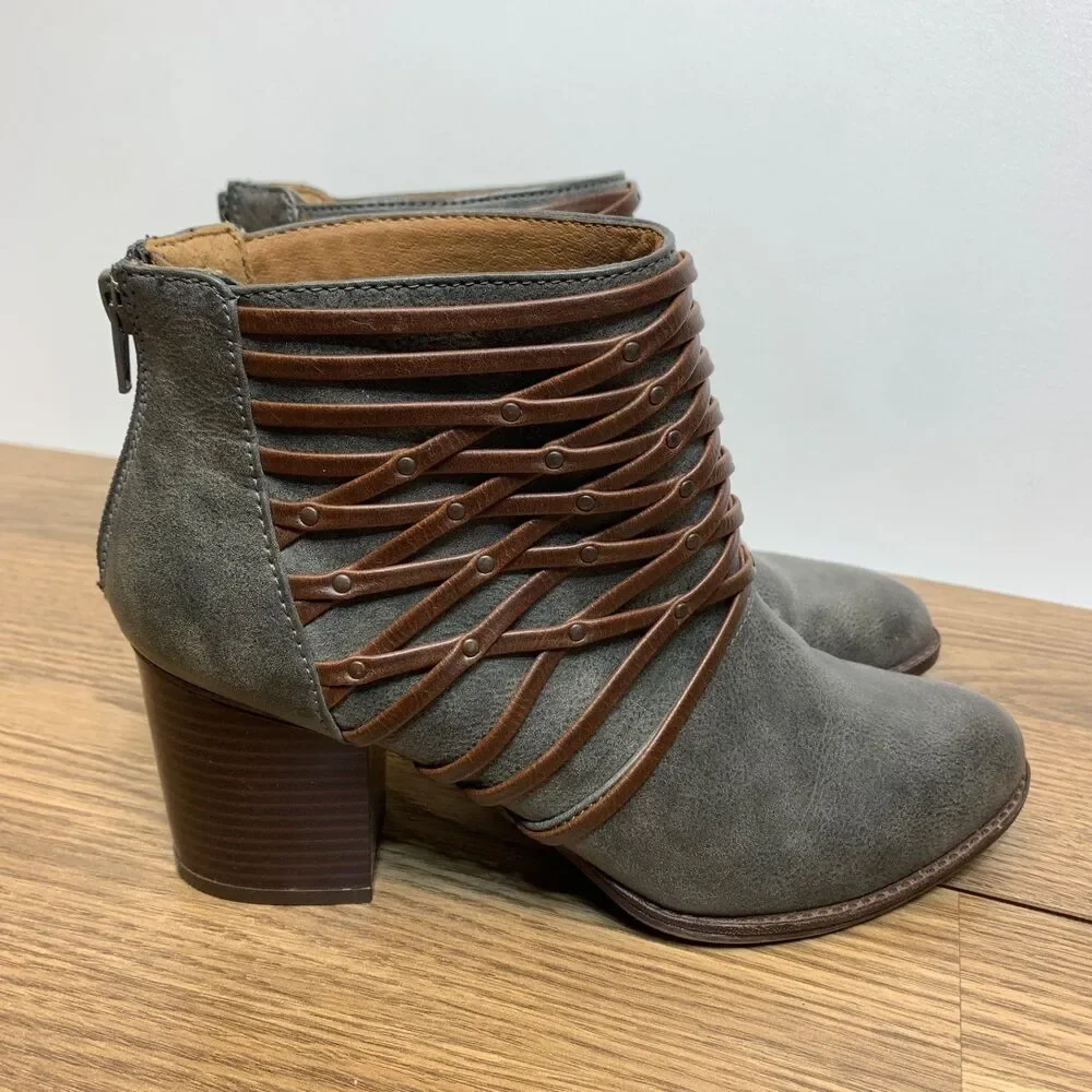 Sofft Euro Ankle Boots Womens 8 Gray Brown Faux Leather Woven Accent Block Heels